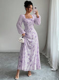 European and american cross-border  french mist light green smudged long skirt square neck long high waist a-line long fairy dress