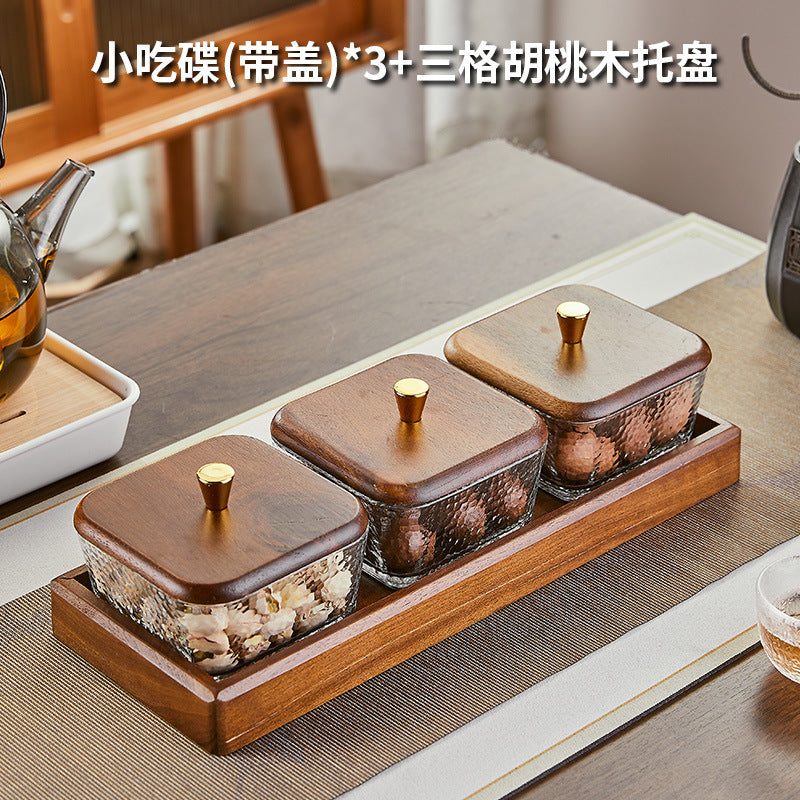Walnut wood fruit bowl snack storage box - premium glass dried fruit dish - coffee table dessert & candy organizer