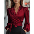 European and american independent store new v-neck elegant satin tie-waist top for women