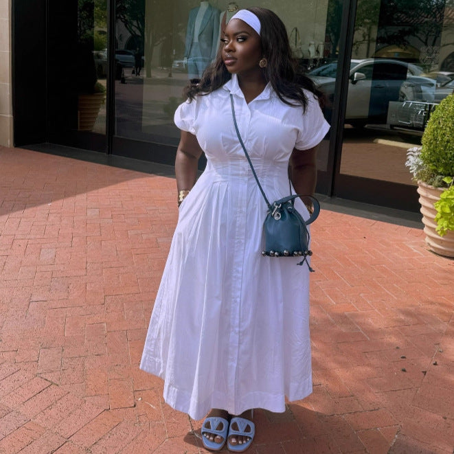European and American large size solid color lapel short-sleeved cardigan dress women's African high waist temperament thin fashion women's dress