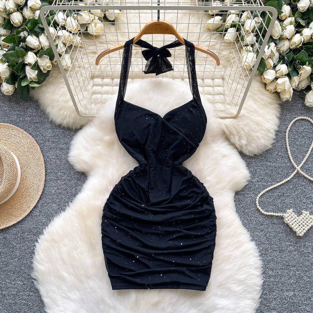 Feminine dress  new arrival pure desire sexy halter suspender waist slimming mesh hip covering short skirt