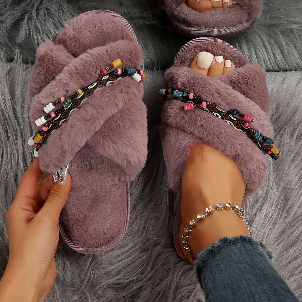 2024 winter new arrival: criss-cross soft sole ethnic style fuzzy slippers for women, plus size export flat bottom warm cotton slippers