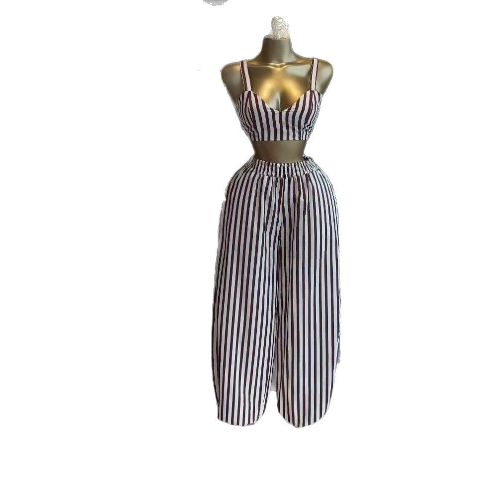 European and american cross-border women's fashion:  summer new collection - striped print long-sleeve shirt, camisole, and pants three-piece set