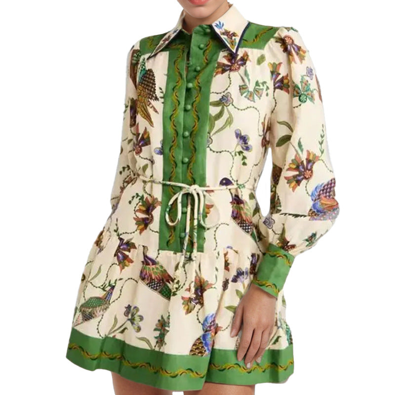 cross-border e-commerce european and american women's clothing: new summer collection - tie-waist printed turn-down collar long-sleeve pleated european and american style dress