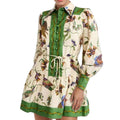cross-border e-commerce european and american women's clothing: new summer collection - tie-waist printed turn-down collar long-sleeve pleated european and american style dress