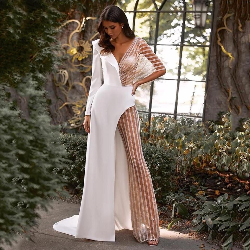 spring new arrivals:  women's clothing - patchwork v-neck lace irregular dress jumpsuit