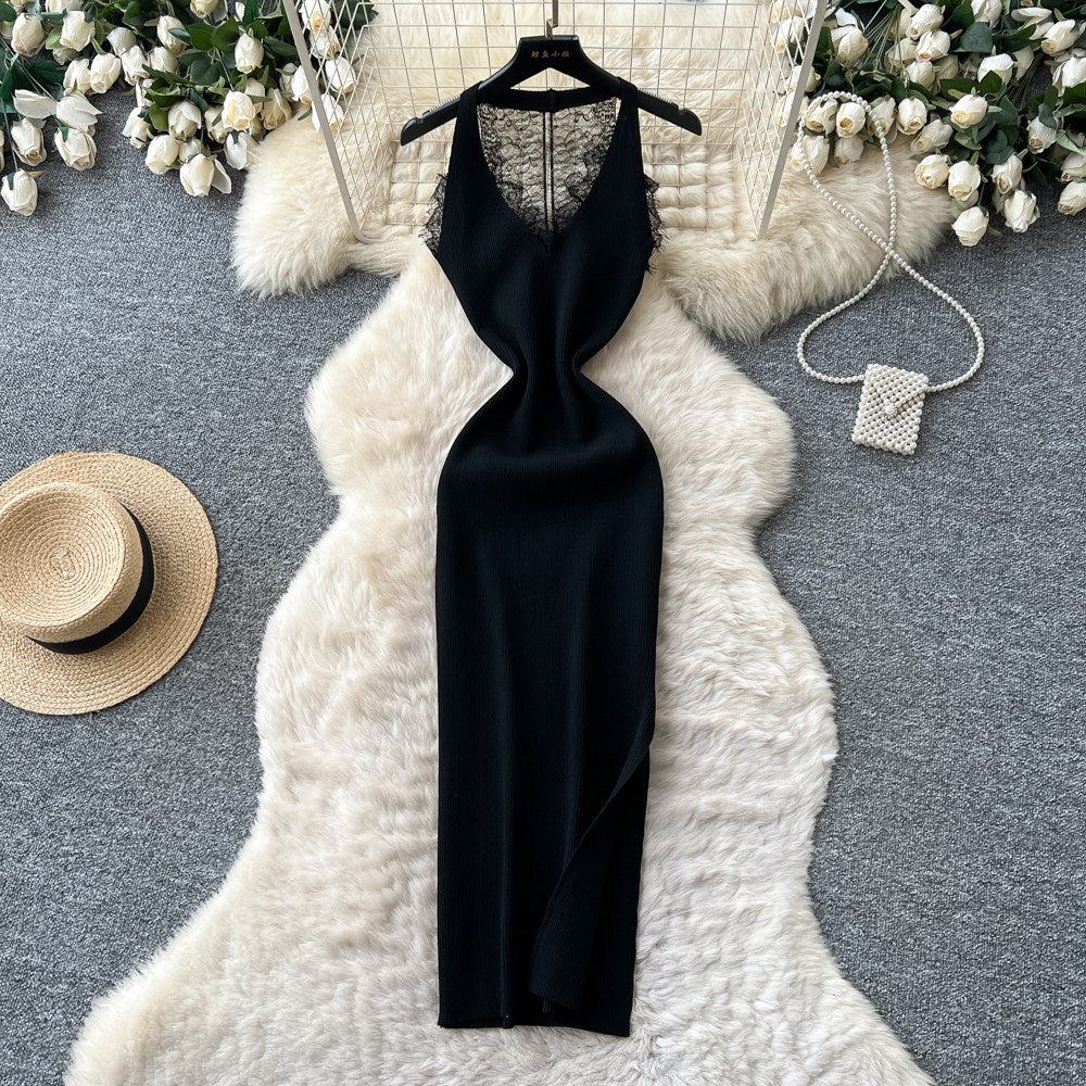 Korean style sleeveless white a-line dress for women - summer lace see-through high waist slimming slit maxi dress