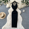 Korean style sleeveless white a-line dress for women - summer lace see-through high waist slimming slit maxi dress