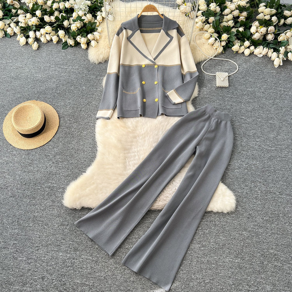 Xiaoxiangfeng outfitsclassysuit women's loosefashion color block lapel knittingcardigan+high waistloose pants