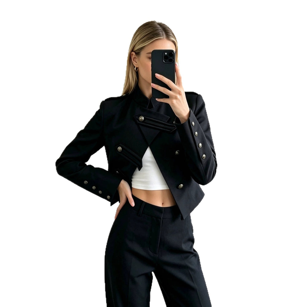 cross-border fashion: european & american autumn retro chic versatile stand collar double-breasted napoleon jacket