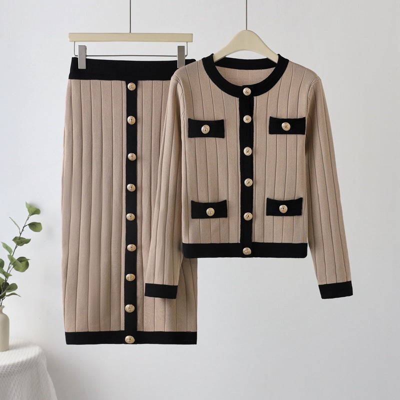 Xiaoxiangfeng round neck metal buckle knitting shirt for women new arrivalsweater tight hip skirt fall and wintertwo-piece set