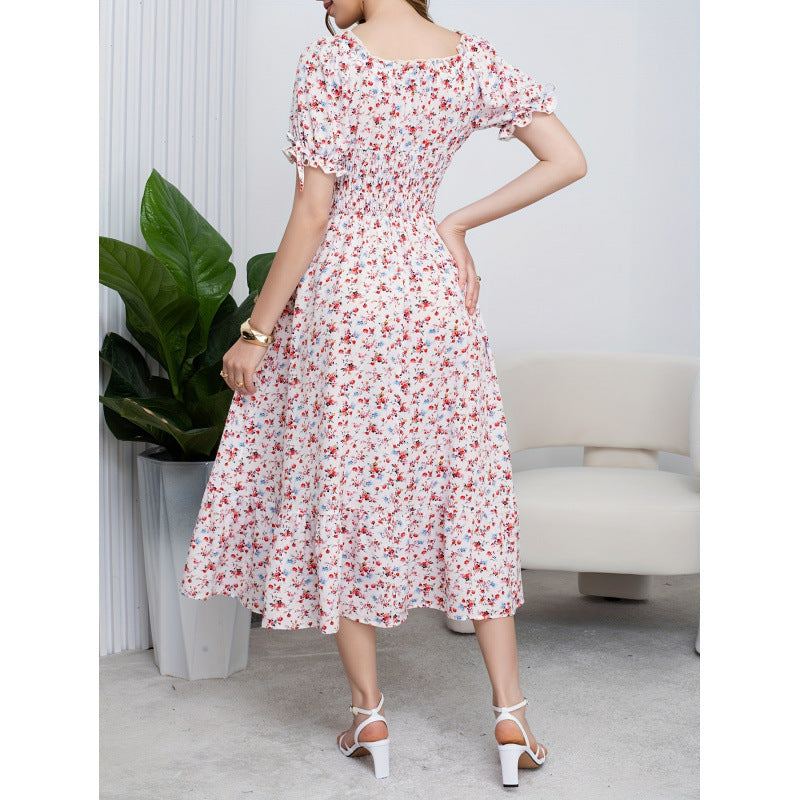 listing: new  women's original elegant ruffle tie-back printed dress