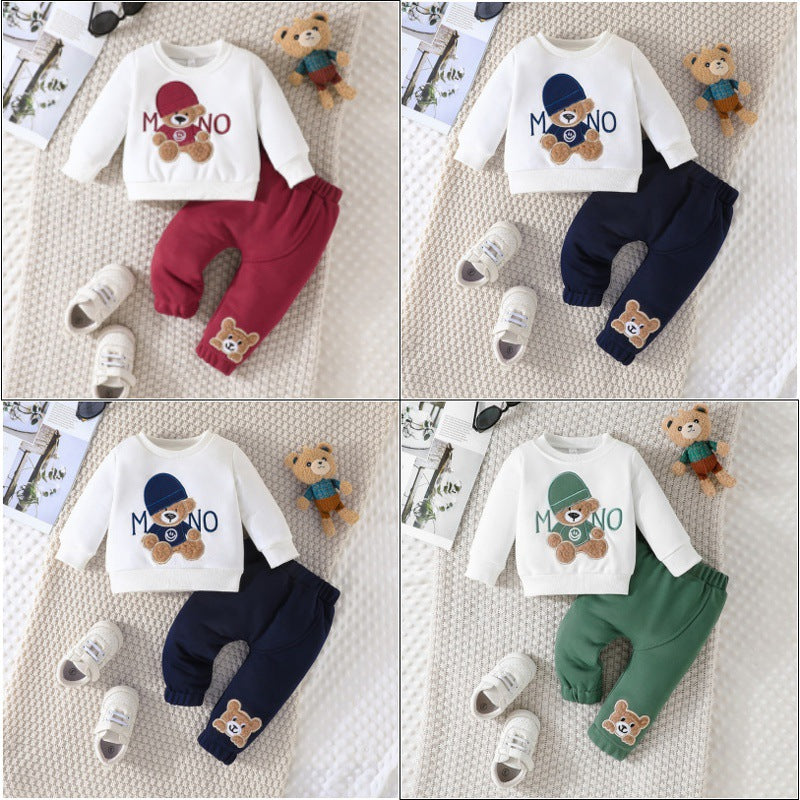 cross-border e-commerce children's wear: new autumn/winter cartoon letter hat bear embroidered hoodie and pants two-piece set