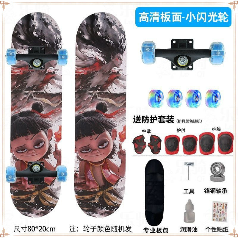 Nezha skateboard beginner children 6-12 years old adolescent adult professional four-wheel skateboard boys and girls flash skateboard