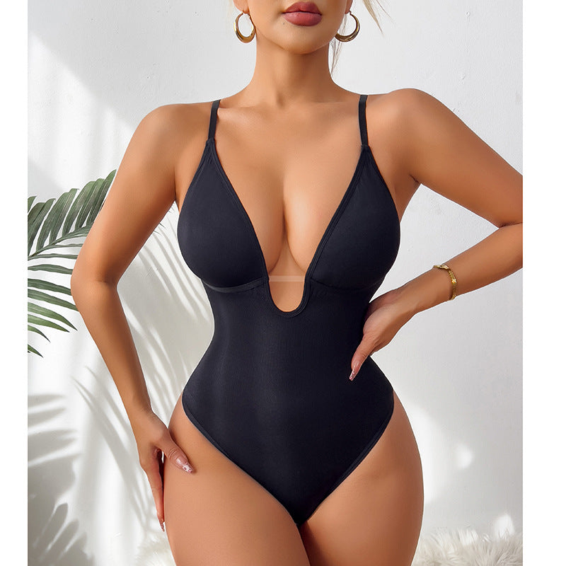 Spot  hot-selling explosion deep V-neck sexy waist plastic waist open T-shaped onesie women