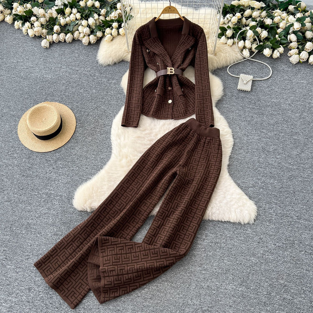 European chic: elegant and high-end strappy waist blazer-style knit top with high-waisted wide-leg pants