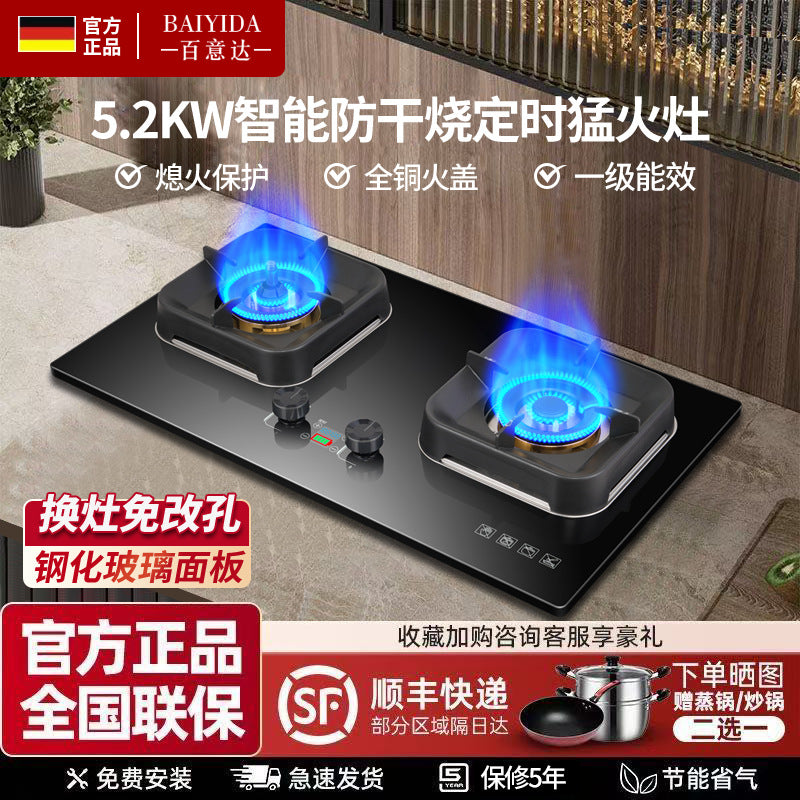 German brand gas stove - home use, anti-dry burning, timer, high-flame cooktop, natural gas/lpg compatible, energy-saving double burner