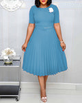 Belted european and american style new summer  round neck midi pleated skirt plus size african cross-border dress