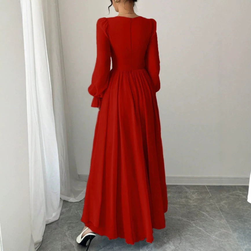 European and american cross-border  new arrival: red square neck bubble sleeve maxi dress with criss-cross tie waist