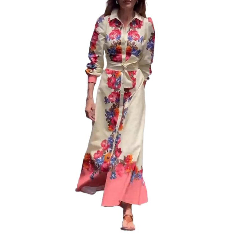 new european and american style women's casual printed tie-neck dress for cross-border e-commerce