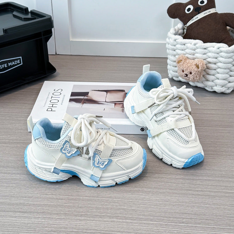 spring new butterfly embellished mesh kids' shoes, thick-soled non-slip children's chunky sneakers, girls' casual athletic shoes
