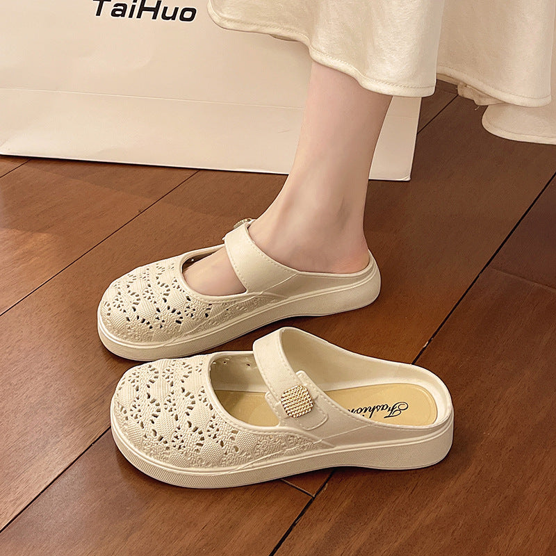 Fashion baotou women's slippers for daily wear at home and garden sandals populareasiest for matchpure colorcasualthick sole mid-heeled half support