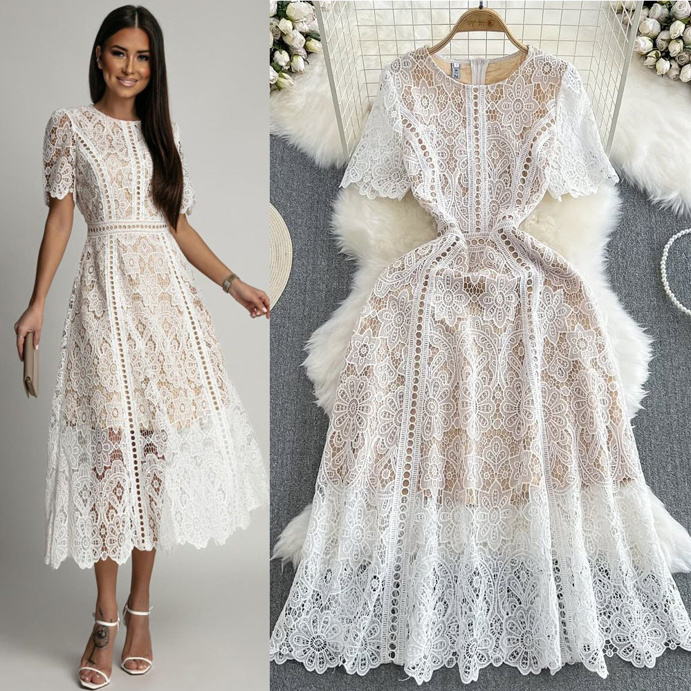 Niche styleretroclassy round neck lotus leaf sleeve lacedress female summernew arrivalslimming lookeleganceelegance long skirt