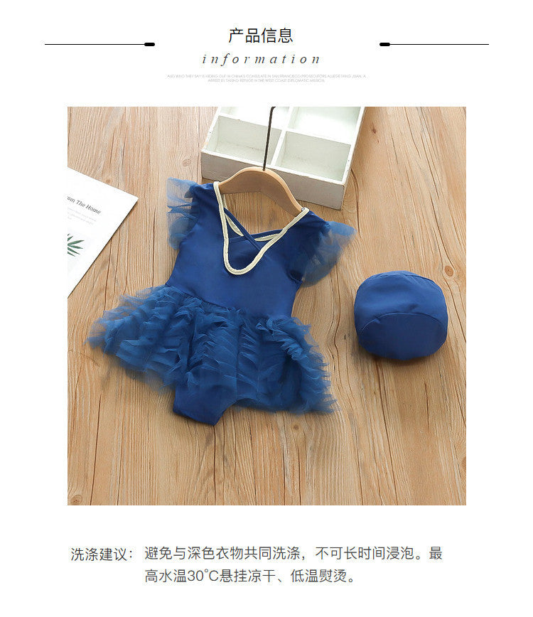 Korean-style ins baby girl swimsuit - cute puffy one-piece mesh swimwear for toddlers and young girls