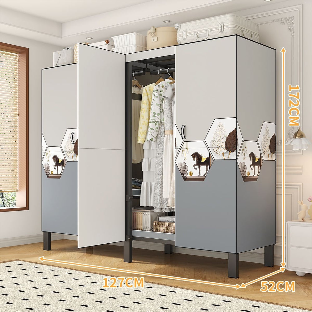 Easy-to-assemble, foldable wardrobe for bedrooms, ideal for home use or rental properties. dustproof, moisture-proof, with reinforced construction, fully sealed, and mildew-resistant. features a convenient swing-out door
