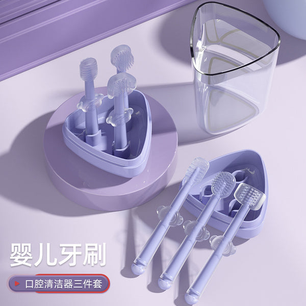 Children's toothbrush baby teeth silicone toothbrush newborn year old tongue brush oral cleaning three-piece set including mouthwash cup