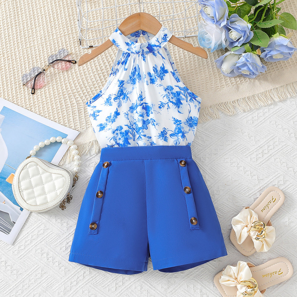 Summer kids' sleeveless halter top and floral print blue suit shorts two-piece set for girls (export)