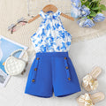 Summer kids' sleeveless halter top and floral print blue suit shorts two-piece set for girls (export)