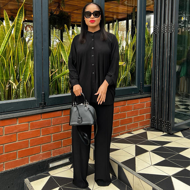 European and american cross-border african women's fashion  autumn new collection solid color casual open-back long sleeve shirt and wide-leg pants set