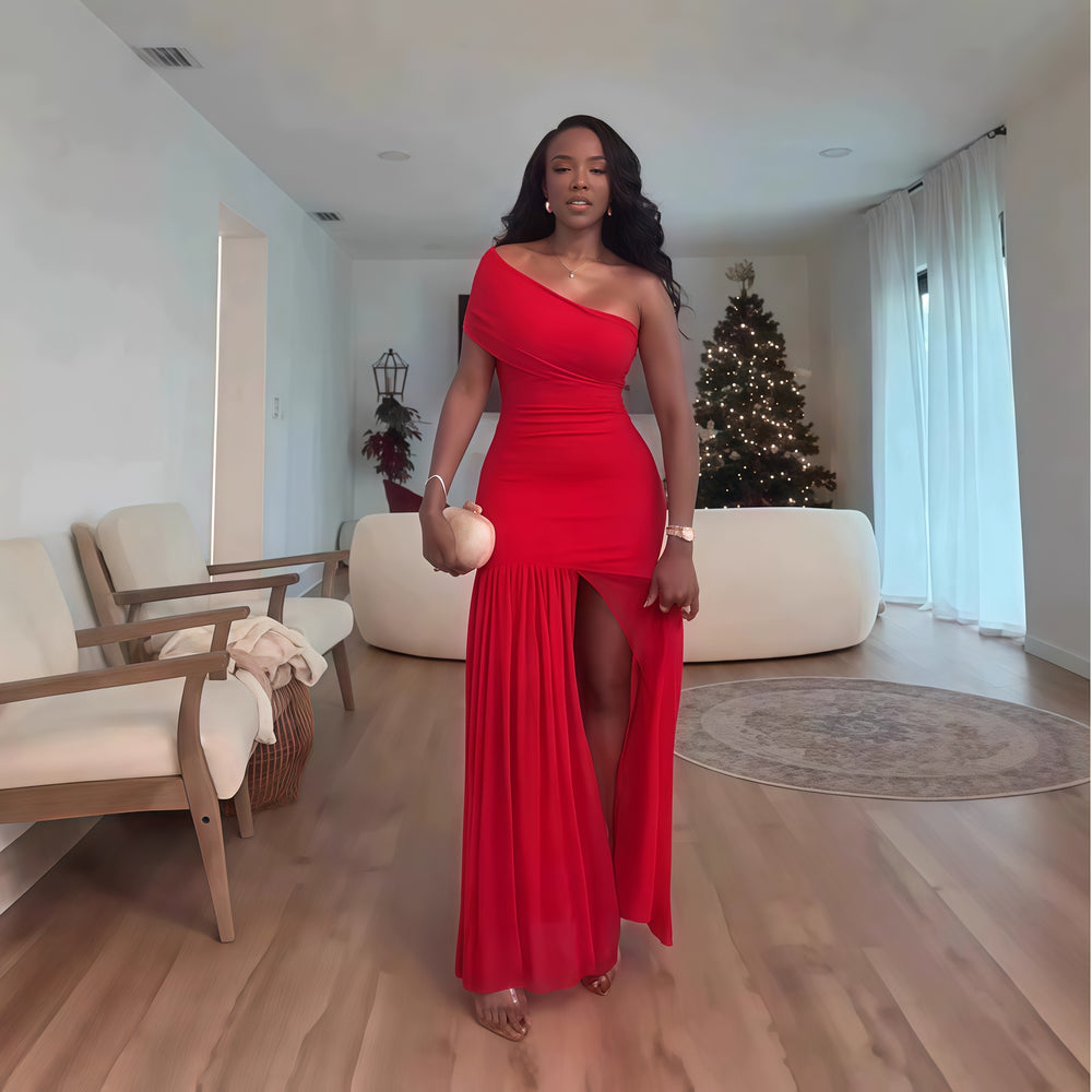 European and american cross-border women's fashion:  spring new arrival - solid color sleeveless asymmetrical neck ruched bodycon slit maxi dress