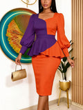 Fashionsense patchworkcontrast colordress waist elegant work clothing puff sleeve work clothing hip skirt dress