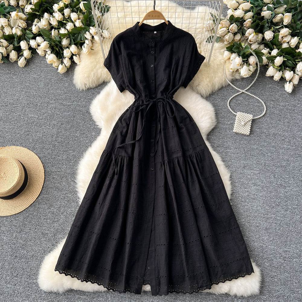 French gentle style sense of design drawstring waist round neck short sleeve single breasted cut outembroiderslimming lookelegantdress