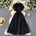 French gentle style sense of design drawstring waist round neck short sleeve single breasted cut outembroiderslimming lookelegantdress