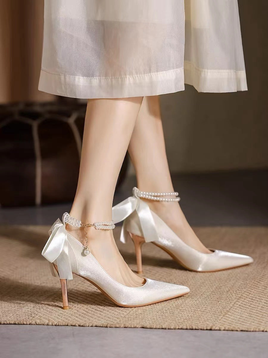 French white high heels women's stiletto wedding shoes with skirt satin wedding shoes bows elegancespring & fall pointed toe flats