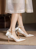 French white high heels women's stiletto wedding shoes with skirt satin wedding shoes bows elegancespring & fall pointed toe flats