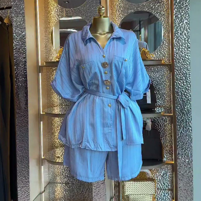 European and american cross-border women's fashion:  summer new collection - stylish casual striped tie-neck blouse and high-waisted shorts set