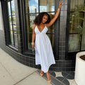 European and american cross-border women's fashion:  summer new arrival - chic v-neck striped high-waisted midi slip dress