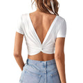 new european and american style cross-border sexy backless v-neck slim-fit cropped knitted short-sleeve fashion t-shirt top