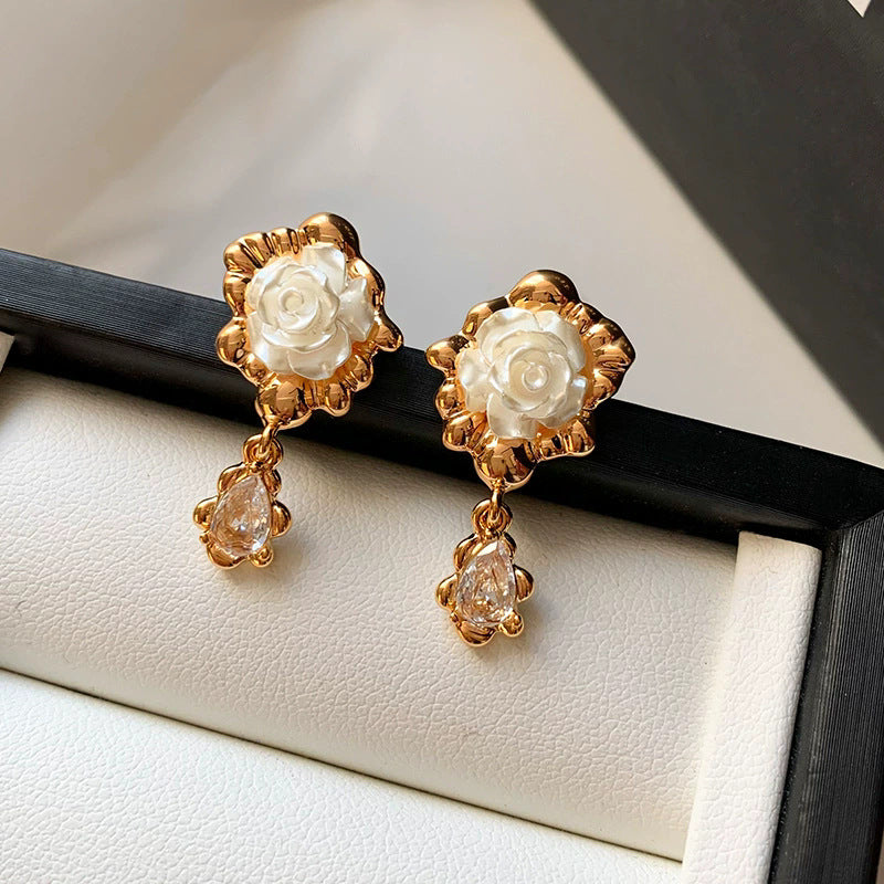 18k gold plated french rose flower earrings - women's zircon tassel dangle earrings - unique european and american style accessories