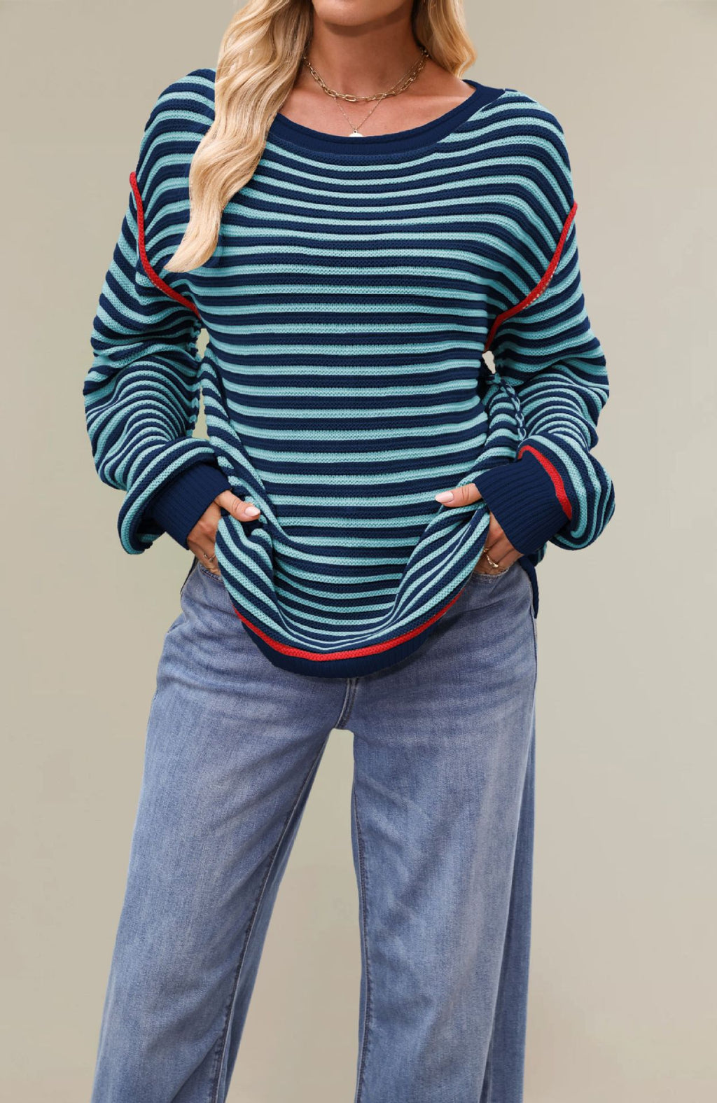 Cross-border new hot-selling autumn and winter sweaters, European and American women's clothing 2025 popular striped tops, round neck pullover, loose long sleeves