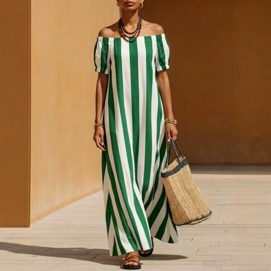 European and american independent station cross-border fashion loose one shoulder long stripesprinting summer best selling short sleeve women's dress