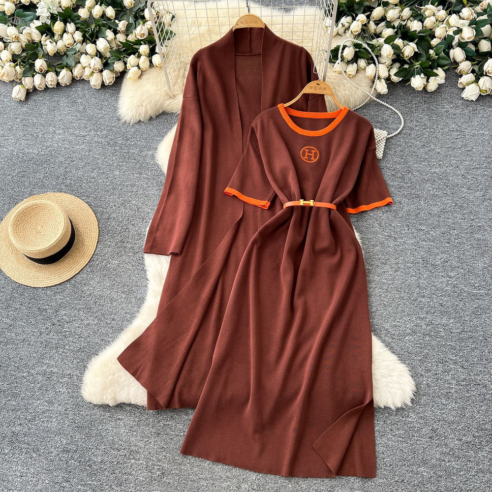 European station  spring/autumn new women's fashion high-end belted short-sleeve maxi dress long-sleeve outerwear knitted two-piece set