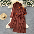 European station  spring/autumn new women's fashion high-end belted short-sleeve maxi dress long-sleeve outerwear knitted two-piece set