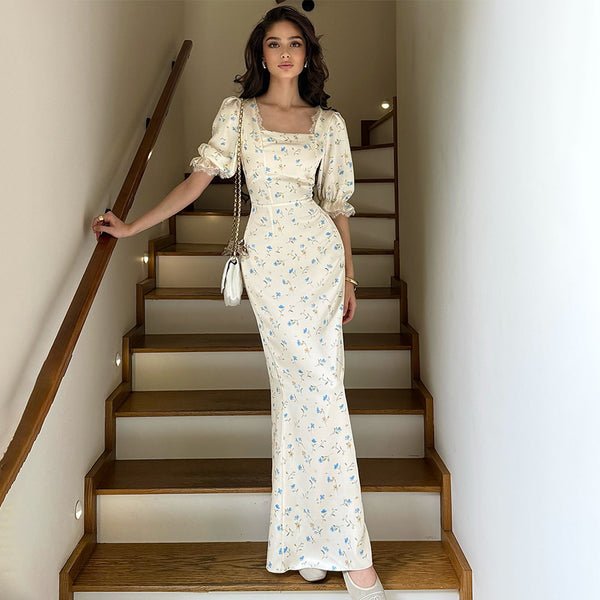 Foreign Trade 2025 Fashion Temperament Satin Printed Women's Long Dress Cross-border Sexy Half-Sleeve Hip Wrap Dress