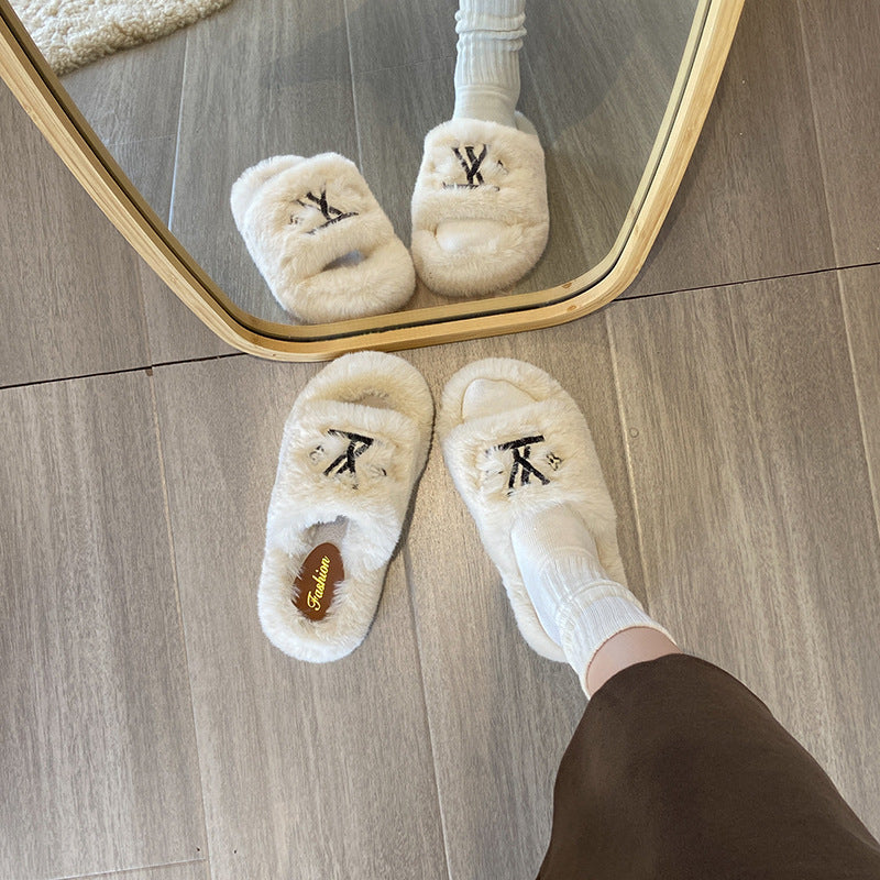 Embroidered trendy slippers for women, autumn/winter new arrivals, versatile retro comfort, fuzzy slippers, korean style cotton slippers