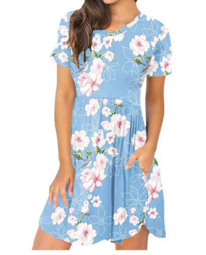 european and american  women's casual crew neck printed pullover short sleeve ruched pocket dress